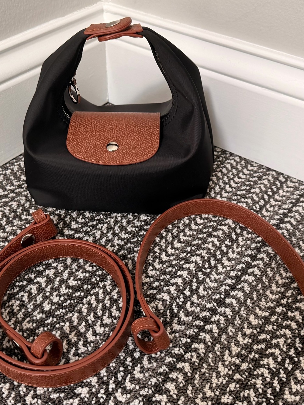 Black & Brown Nylon Crescent Shaped Bag with Removable Straps